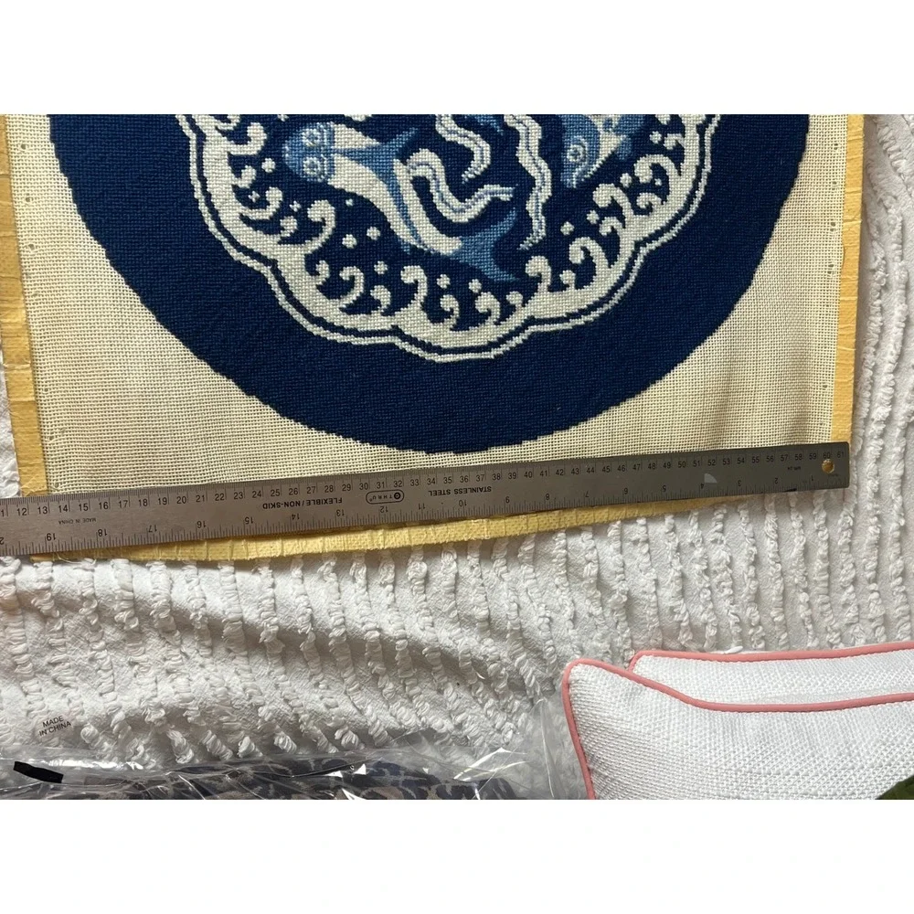 Vintage Hand Stitched Needlepoint Canvas Blue White Koi Fish Medallion